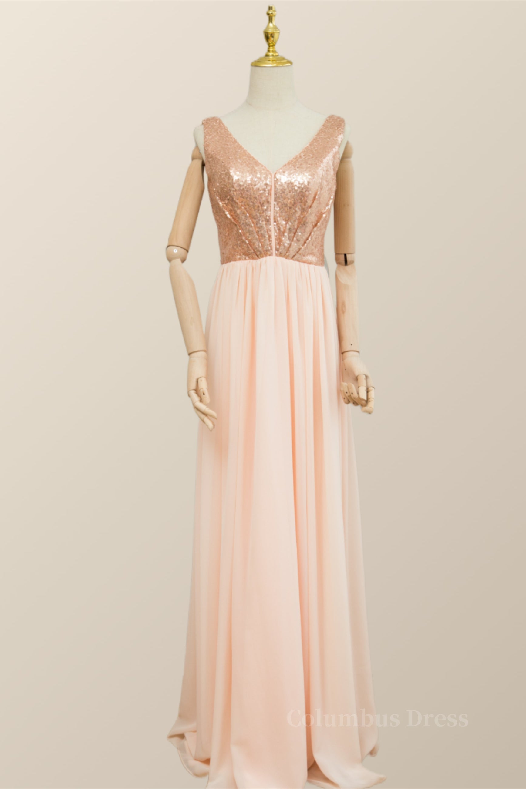 Prom Dress On Sale, V Neck Rose Gold Sequin and Chiffon Long Bridesmaid Dress