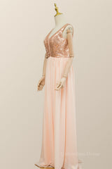 Prom Dress2027, V Neck Rose Gold Sequin and Chiffon Long Bridesmaid Dress