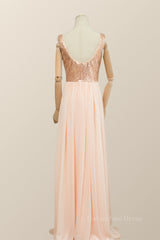 Prom Dressed 2027, V Neck Rose Gold Sequin and Chiffon Long Bridesmaid Dress