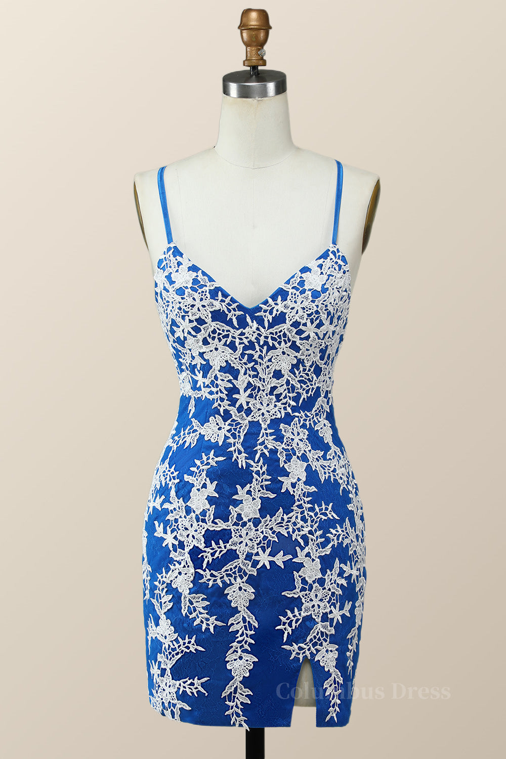 Party Dress Vintage, V Neck Royal Blue and White Lace Tight Mini Dress
