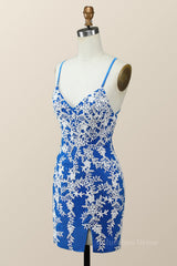 Party Dressed Short, V Neck Royal Blue and White Lace Tight Mini Dress