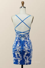 Party Dresses Classy, V Neck Royal Blue and White Lace Tight Mini Dress