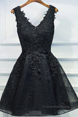 Party Dress Code Idea, V Neck Short Black Lace Prom Dresses, Black Lace Homecoming Dresses, Short Black Formal Evening Dresses