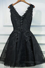 Go Out Outfit, V Neck Short Black Lace Prom Dresses, Black Lace Homecoming Dresses, Short Black Formal Evening Dresses
