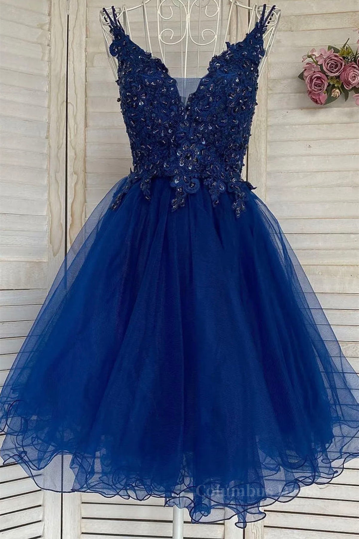 Bridesmaid Dress Pink, V Neck Short Blue Lace Prom Dress, Blue Lace Homecoming Dress, Short Blue Formal Graduation Evening Dress