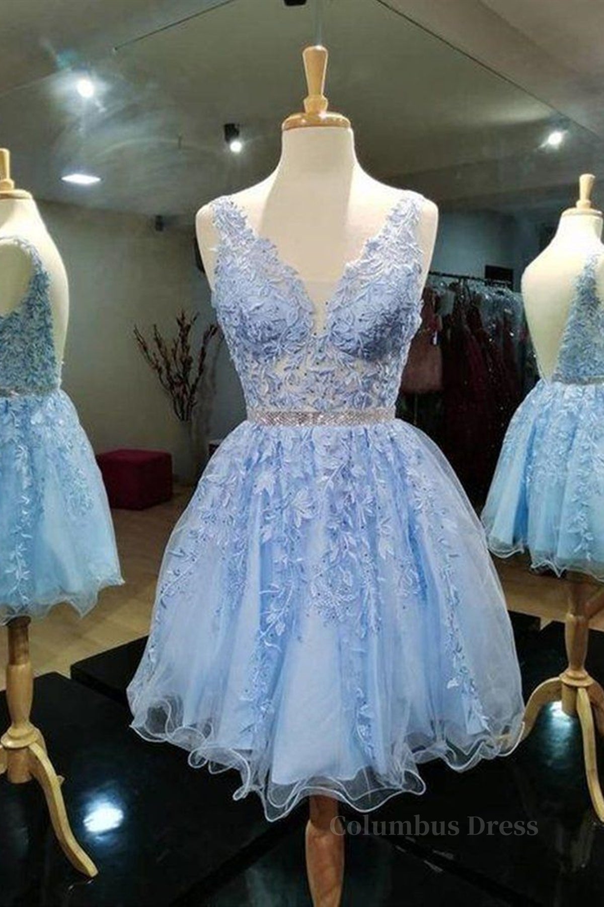 Evening Dress Cheap, V Neck Short Blue Lace Prom Dresses, Short Blue Lace Formal Homecoming Dresses