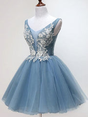 Formal Dress Long Elegant, V Neck Short Blue Lace Prom Dresses, Short Blue Lace Graduation Homecoming Dresses