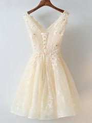 White Prom Dress, V Neck Short Champagne Lace Prom Dresses, Short Champagne Lace Formal Homecoming Dresses