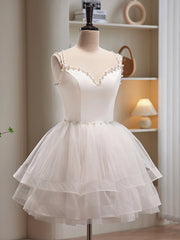 Bridesmaid Dress Black, V Neck Short Ivory Layered Prom Dresses, Short Ivory Graduation Homecoming Dresses