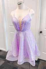 Evening Dresses With Sleeves, V Neck Short Purple Prom Dresses, Short V Neck Purple Formal Homecoming Dresses