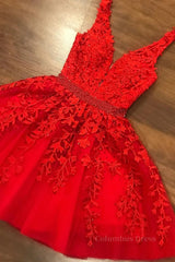 Formal Dresses For Black Tie Wedding, V Neck Short Red Lace Prom Dress with Beadings, Short Red Lace Formal Graduation Homecoming Dress