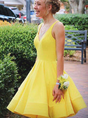 Party Dress Pattern, V Neck Short Yellow Prom Dresses, Short Yellow V Neck Graduation Homecoming Dresses
