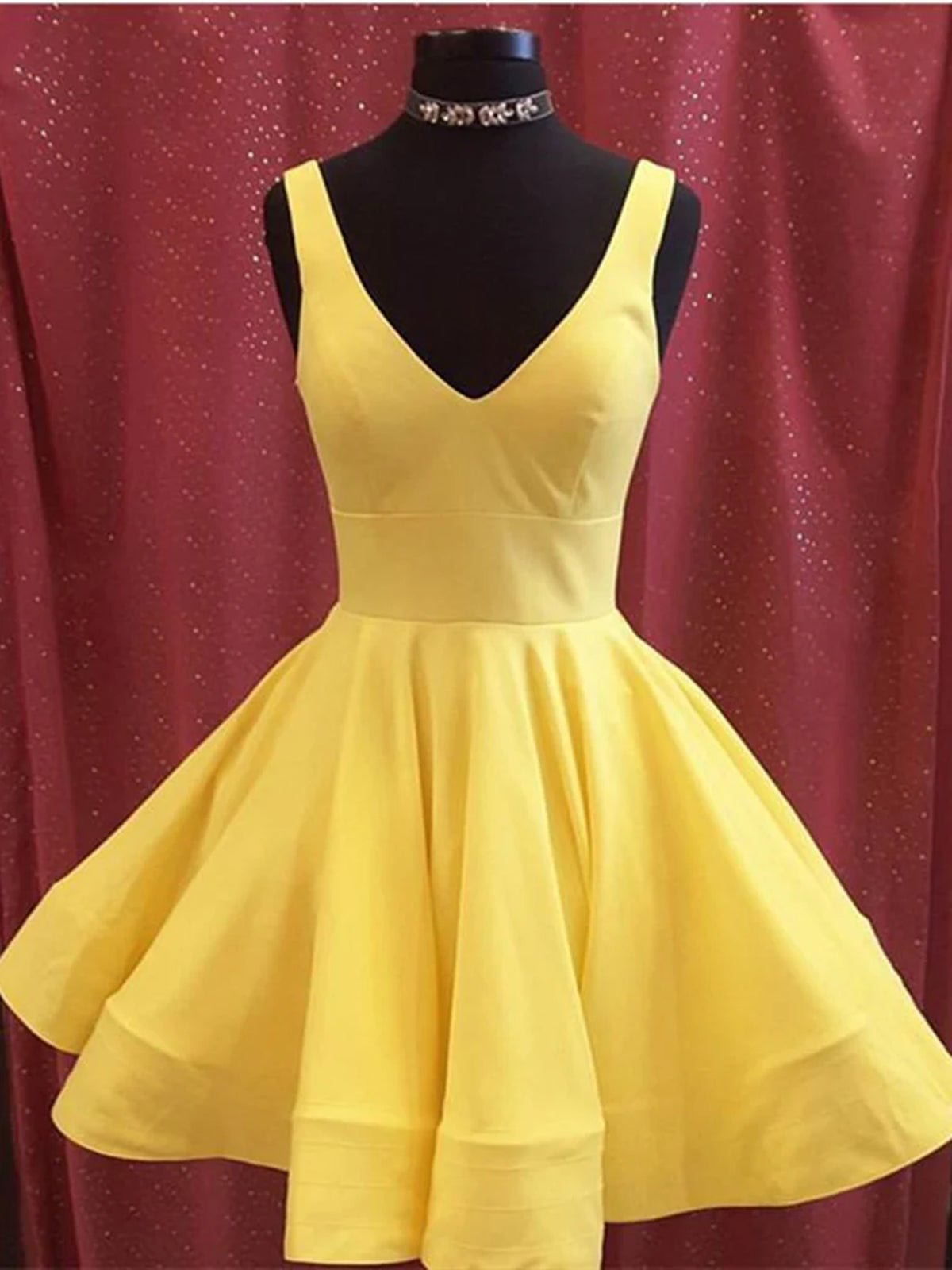 Winter Dress, V Neck Short Yellow Prom Dresses, Short Yellow V Neck Graduation Homecoming Dresses