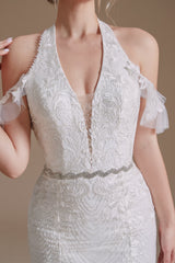 Wedding Dress Vintage Style, V-Neck Sleeveless Lace With Train Off The Shoulder Tulle Wedding Dresses