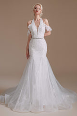 Wedding Dress , V-Neck Sleeveless Lace With Train Off The Shoulder Tulle Wedding Dresses
