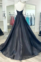 Formal Dress Australia, V Neck Strapless Black Satin Long Prom Dresses, Strapless Black Formal Dresses, Long Black Evening Dresses