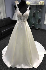 Wedding Dresses Designer, V neck White A line Lace appliques Princess Wedding Dress