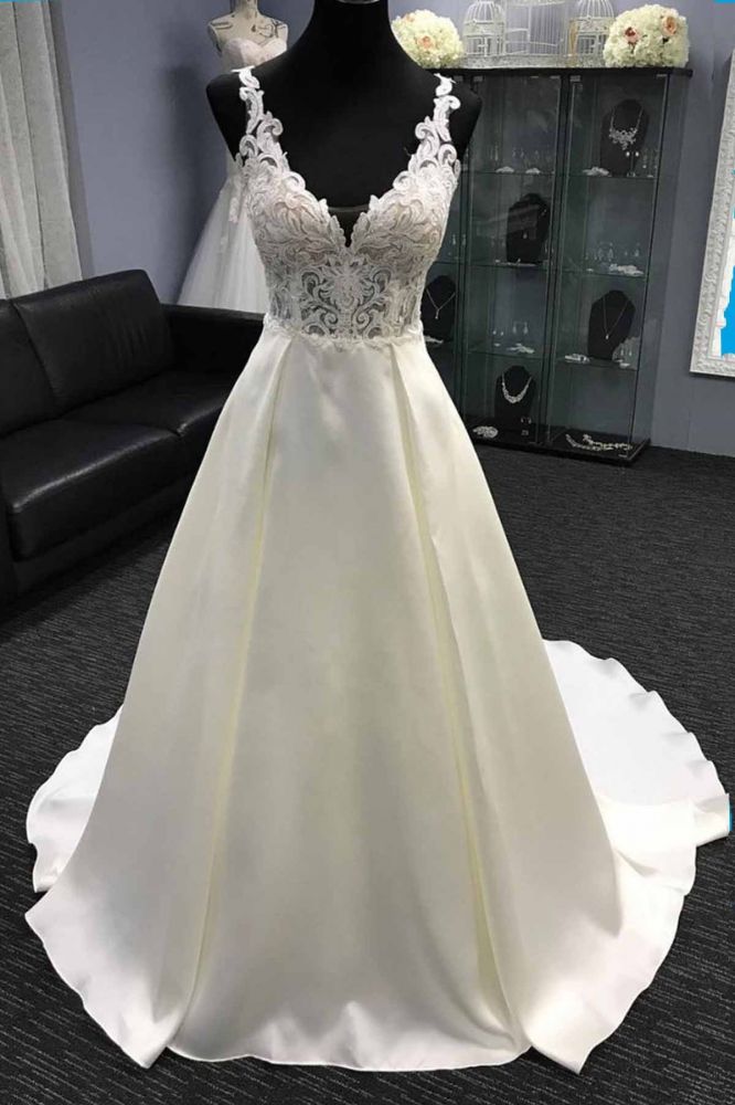 Wedding Dresses Design, V neck White A line Lace appliques Princess Wedding Dress