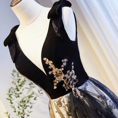 Wedding Dressed Long Sleeve, V-neckline Black Tulle with Velvet Top Long Evening Dress Party Dress, A-line Wedding Party Dress