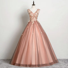 Bridesmaid Dresses Affordable, V-neckline Tulle Ball Gown Pink Sweet 16 Dresses, Ball Gown Lace Applique Quinceanera Dress