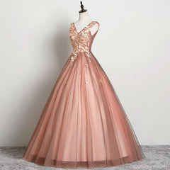 Bridesmaid Dress Online, V-neckline Tulle Ball Gown Pink Sweet 16 Dresses, Ball Gown Lace Applique Quinceanera Dress