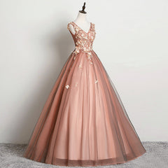 Bridesmaid Dresses Color Schemes, V-neckline Tulle Ball Gown Pink Sweet 16 Dresses, Ball Gown Lace Applique Quinceanera Dress