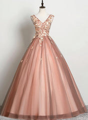 Bridesmaid Dresses Under 108, V-neckline Tulle Ball Gown Pink Sweet 16 Dresses, Ball Gown Lace Applique Quinceanera Dress