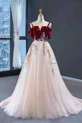 Dressy Outfit, Uniquedresss Vintage Red Straps Tulle Formal Dress, Elegant Applique Prom Dress