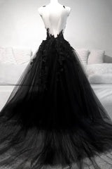 Homecoming Dress Shopping, Vintage Black V Neck Tulle Prom Dresses,Formal Dress with Lace