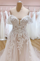 Wedding Dress Vintage, Vintage Long A-Line Off-the-Shoulder Sweetheart Backless Tulle Wedding Dress