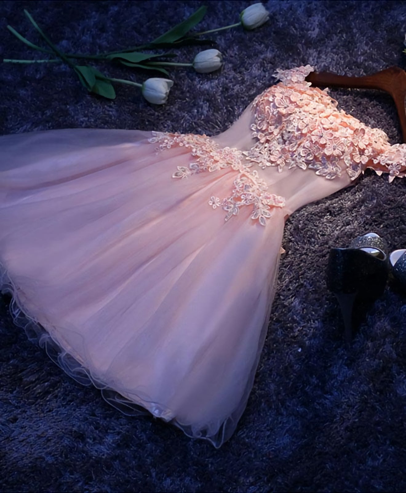 Engagement Dress, Pink A Line Tulle Lace Short Prom Dress, Homecoming Dress