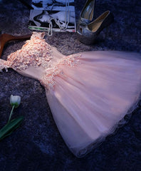 Shirt Dress, Pink A Line Tulle Lace Short Prom Dress, Homecoming Dress