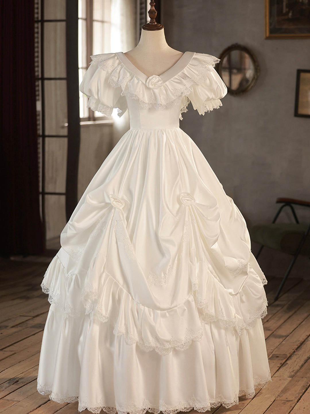 Wedding Dress Couture, White V-Neck Satin Long Prom Dress, Lace Wedding Dress