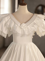 Wedding Dresses Couture, White V-Neck Satin Long Prom Dress, Lace Wedding Dress