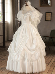 Wedding Dresses For Over 55, White V-Neck Satin Long Prom Dress, Lace Wedding Dress
