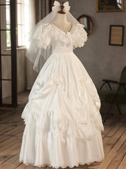 Wedding Dress For Over 55, White V-Neck Satin Long Prom Dress, Lace Wedding Dress