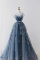 Party Dresses Miami, Gorgeous Blue Sparkly Tulle Beaded Prom Dress, Tiered Formal Gown with Rhinestone