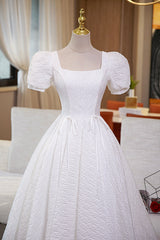 Homecoming Dress Pockets, White A-Line Homecoming Dress, Cute Short Sleeve Evening Dress
