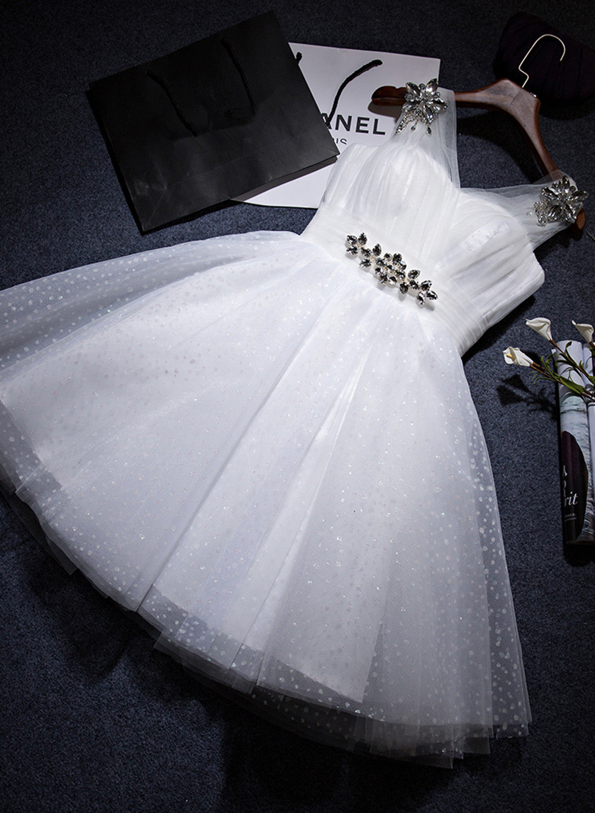 Bridesmaids Dresses Orange, White Beaded Tulle V-neckline Short Party Dress, White Tulle Graduation Dress Prom Dress