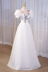 Boho Wedding Dress, White High Neckline A-line Short Sleeves Party Dress, White Long Formal Dress