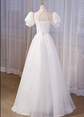 Bridesmaids Dresses Purple, White High Neckline A-line Short Sleeves Party Dress, White Long Formal Dress