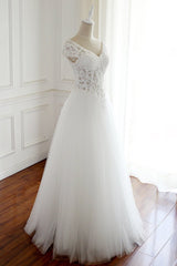 Wedding Dresses Boutique, White Lace Cap Sleeves Tulle Floor Length Party Dress, A-line White Wedding Dresses