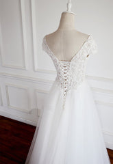 Wedding Dress Boutique, White Lace Cap Sleeves Tulle Floor Length Party Dress, A-line White Wedding Dresses