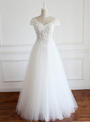 Wedding Dresses Boutiques, White Lace Cap Sleeves Tulle Floor Length Party Dress, A-line White Wedding Dresses