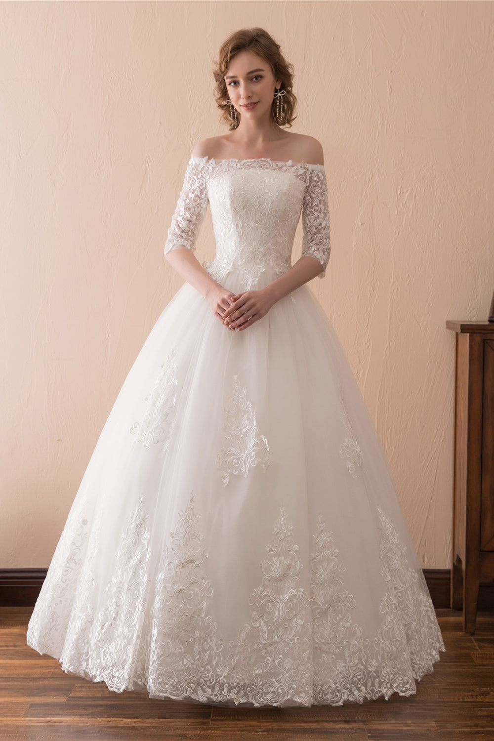 Wedsing Dress Simple, White Lace Long Sleeves Off Shoulder Strapless A Line Floor Length Wedding Dresses