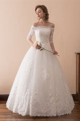 Weddings Dresses Simple, White Lace Long Sleeves Off Shoulder Strapless A Line Floor Length Wedding Dresses