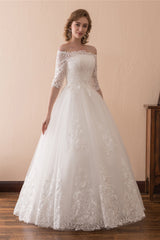 Weddings Dresses Online, White Lace Long Sleeves Off Shoulder Strapless A Line Floor Length Wedding Dresses