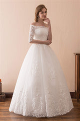 Weddings Dress Online, White Lace Long Sleeves Off Shoulder Strapless A Line Floor Length Wedding Dresses