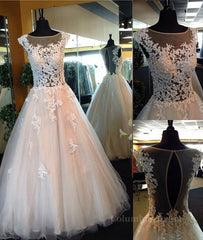 Bridesmaid Dresses Long, White Lace Prom Gown, A-Line Tulle See Through Prom Dresses, Formal Dresses