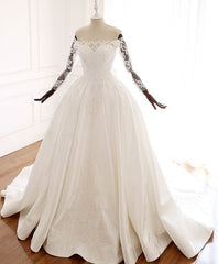 Wedding Dress Classic Elegant, White Lace Satin Long Wedding Dress, Lace Satin Long Bridal Gown